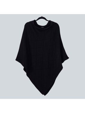 Repeat Merino Wool Poncho OS Black Pointelle Assymetric Hem Knit Cape Roll Neck